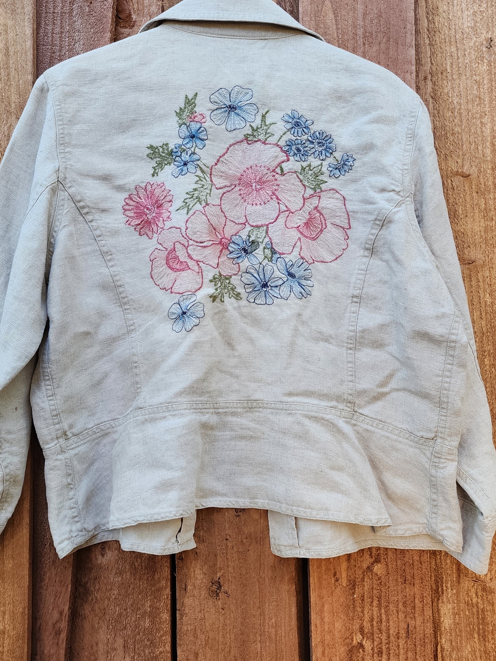 Liz Claiborne 100% Linen Floral Embroidered Trucker Jacket Beige L Cottagecore - Picture 7 of 13